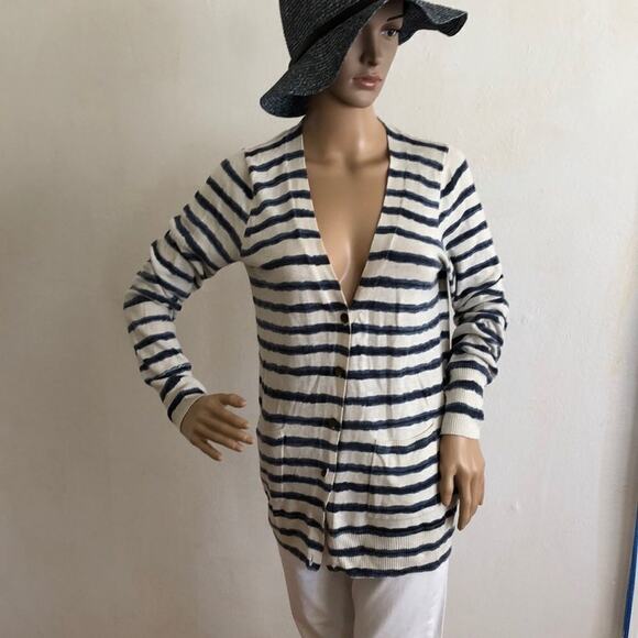 Lucky Brand Live In Love Denim Blue Striped Cardigan Size M - Picture 1 of 7